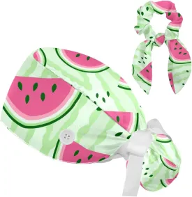 Women's Working Caps Bouffant Surgical Cap with Bow Scrunchies Pink Strawberry Pattern Ponytail Holder Tie Back Scrub Hat