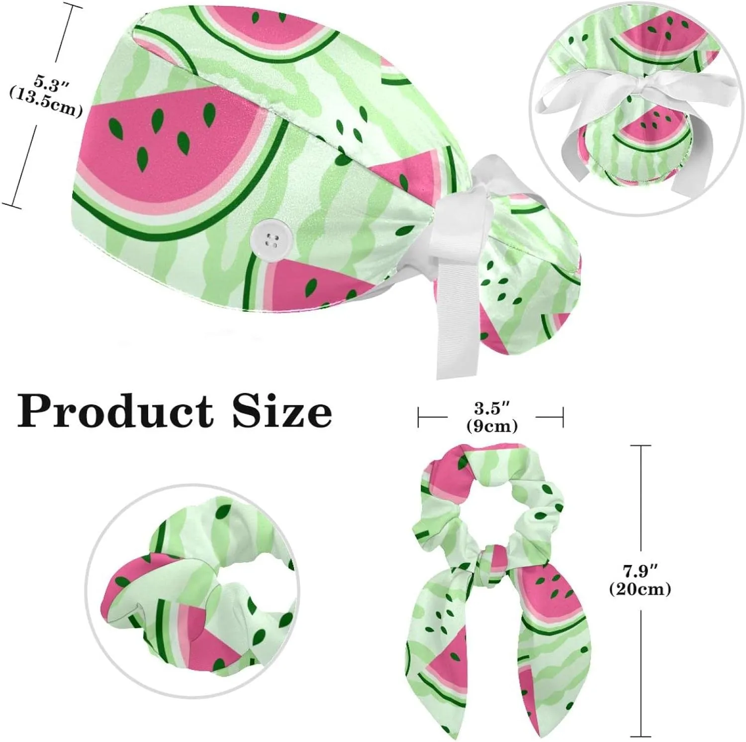 Women's Working Caps Bouffant Surgical Cap with Bow Scrunchies Pink Strawberry Pattern Ponytail Holder Tie Back Scrub Hat