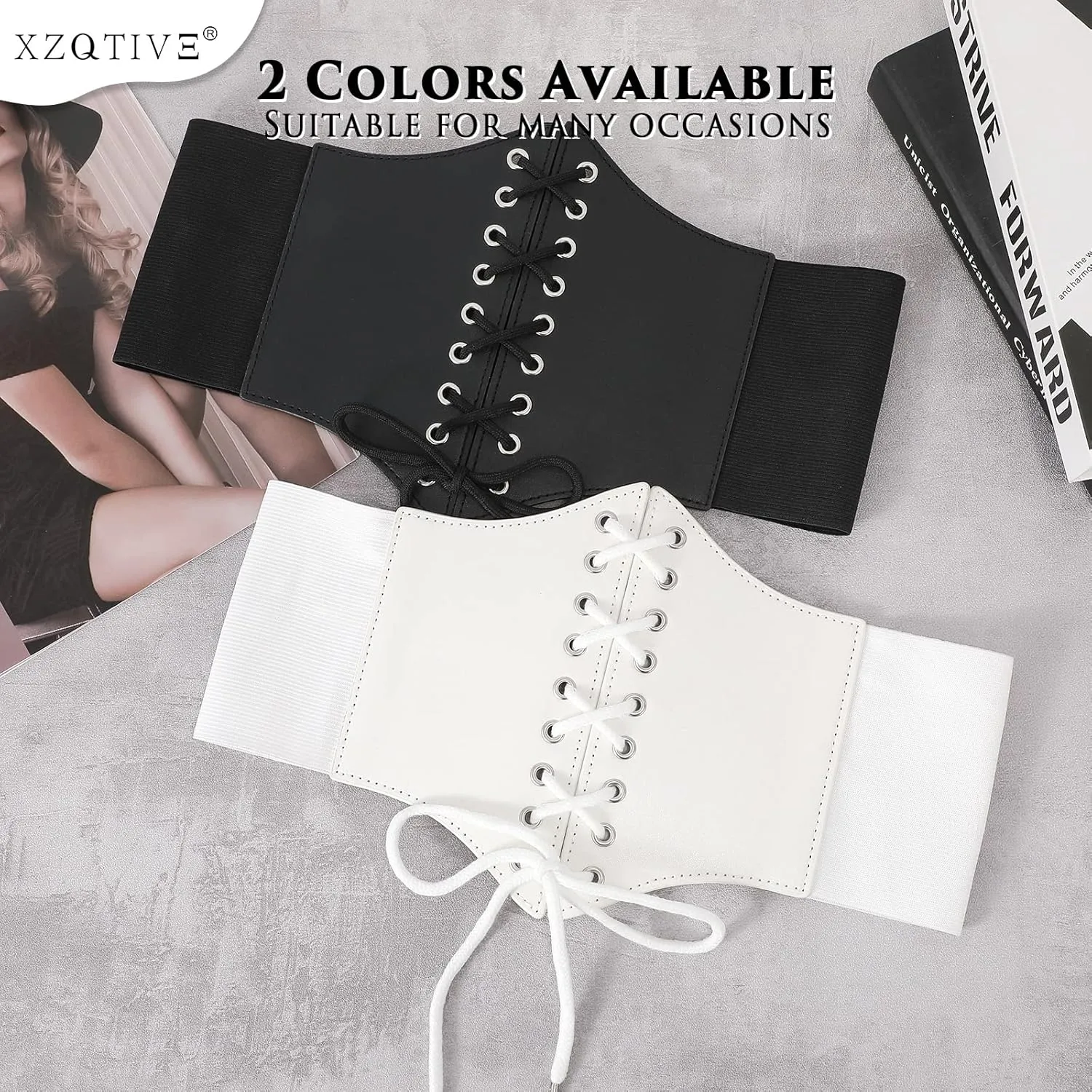 XZQTIVE Black Corset Waist Belt for Women, Wide Elastic Tie Waspie Belt for Dresses 4.7inch
