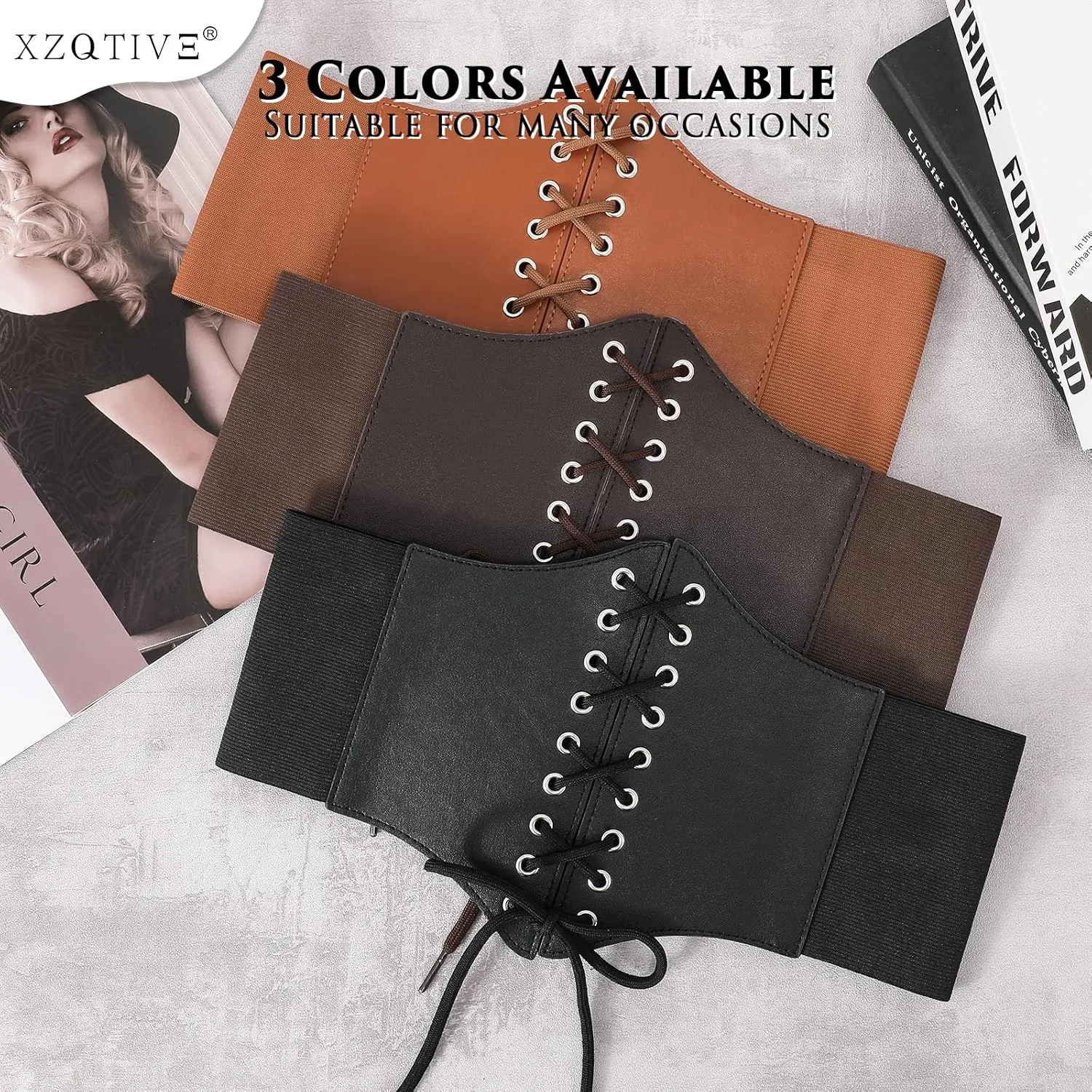 XZQTIVE Black Corset Waist Belt for Women, Wide Elastic Tie Waspie Belt for Dresses 4.7inch