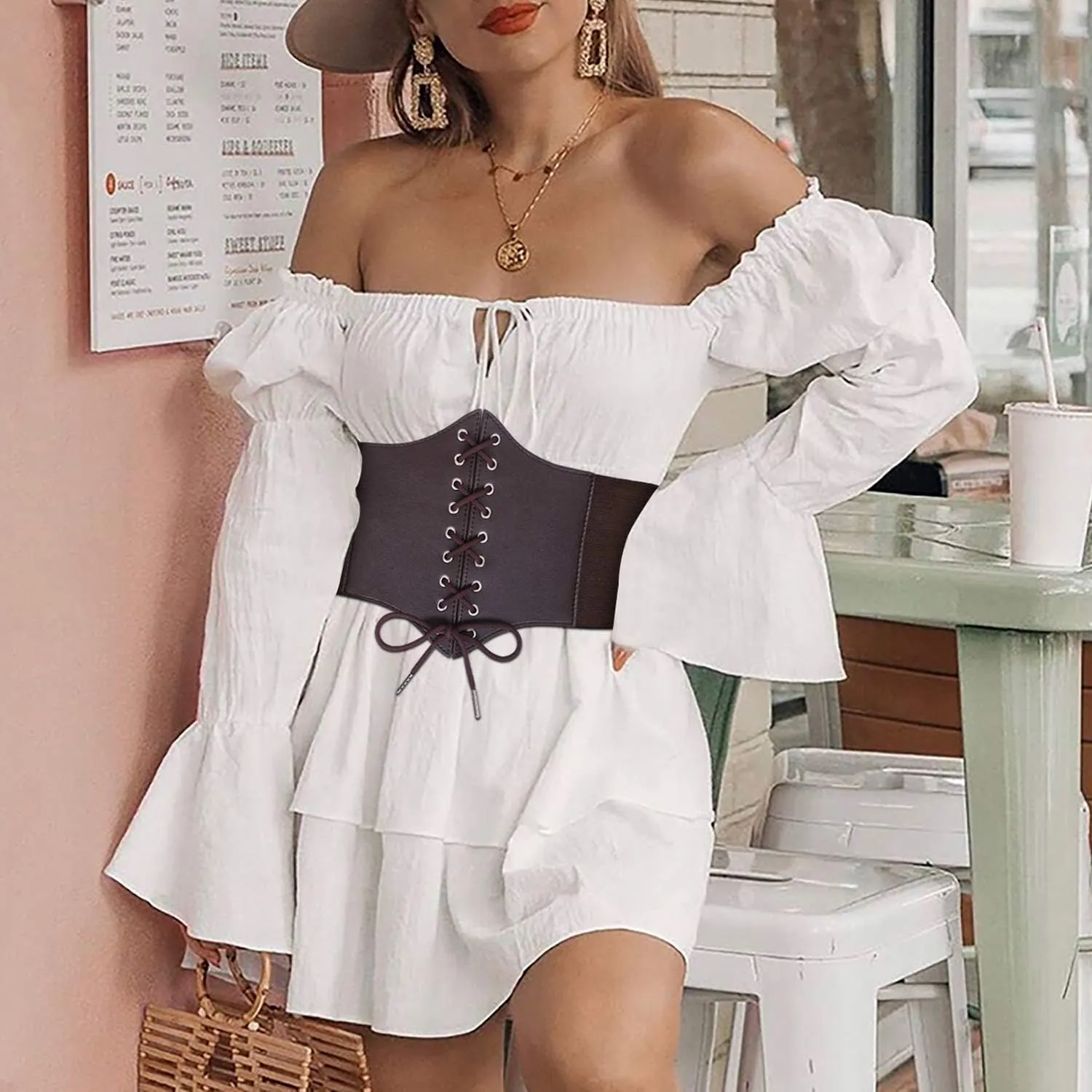 XZQTIVE Black Corset Waist Belt for Women, Wide Elastic Tie Waspie Belt for Dresses 4.7inch