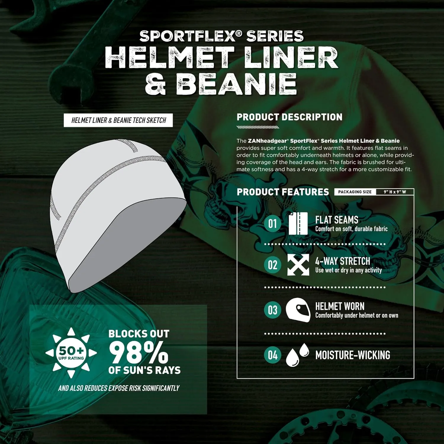 Zan Helmet Liner/Beanie SportFlex Series Black & Blue Tie Dye
